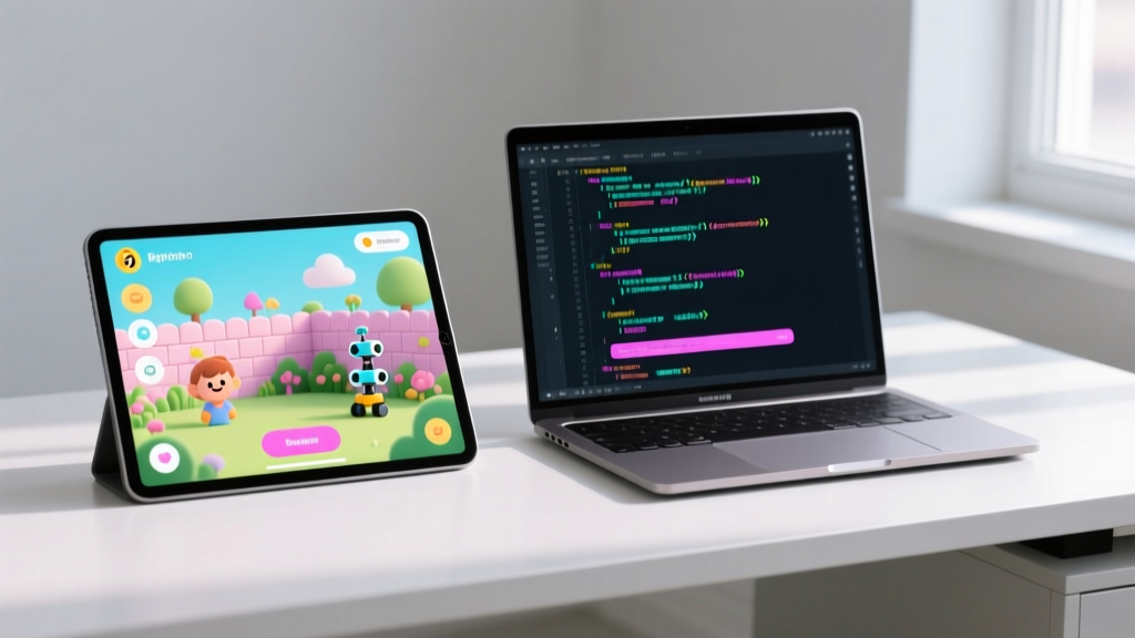 Tablet displaying a walled-garden kids interface next to a laptop showing Python code for a robotics project on a clean desk.