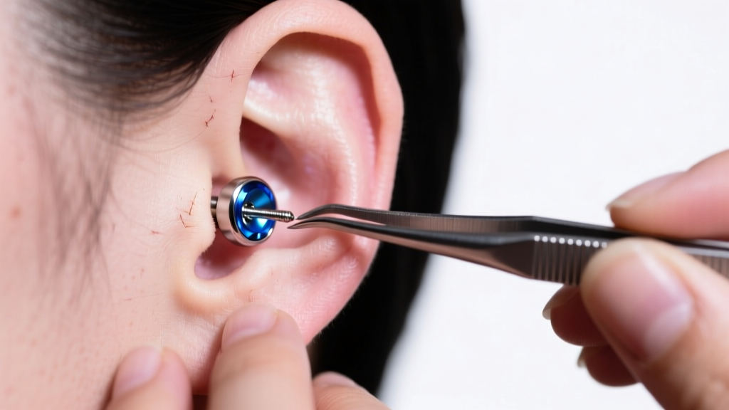 Piercer using sterile tweezers to adjust an internally threaded titanium labret on ear cartilage under bright studio lighting.