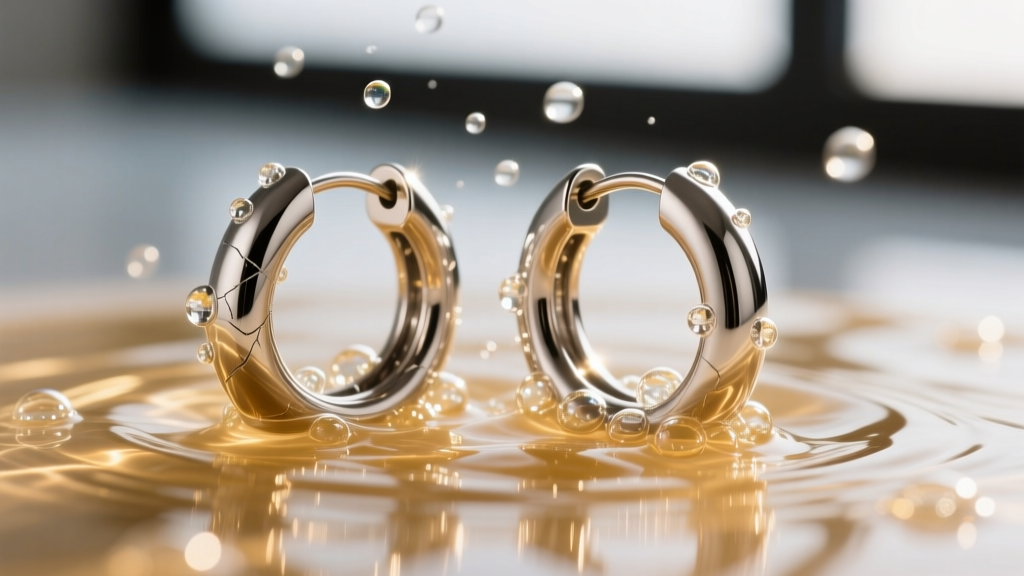 Macro shot of an ultrasonic cleaner vibrating titanium huggie hoops in warm soapy water, highlighting the jewelry cleaning steps