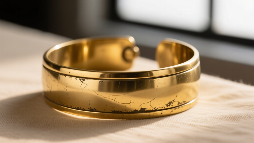 Side profile of a 1940s Haskell gold-plated brass cuff bracelet showing textured matte finish and slight edge wear on the metal.