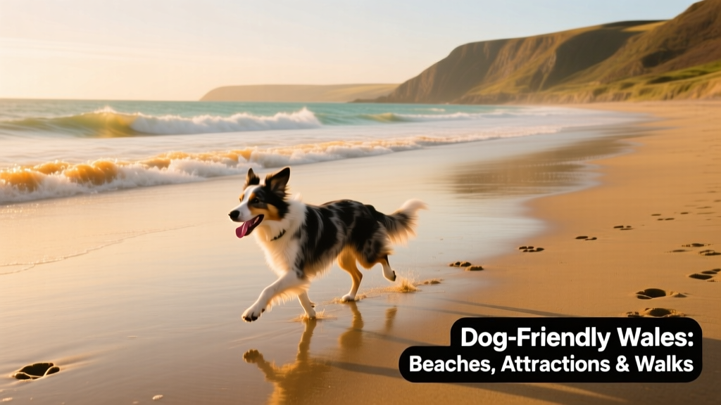 A wide-angle view of Rhossili Bay with golden sand, rolling waves, and a dog running freely along the shore
