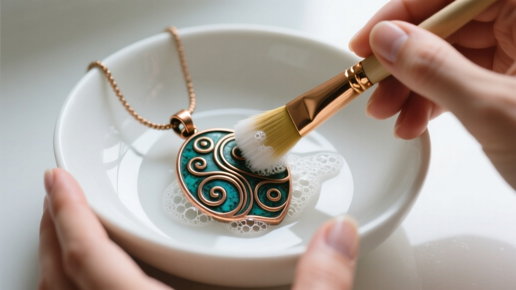 Hands using a soft bristle brush and mild soap to gently clean an oxidized copper bohemian pendant over a white ceramic bowl