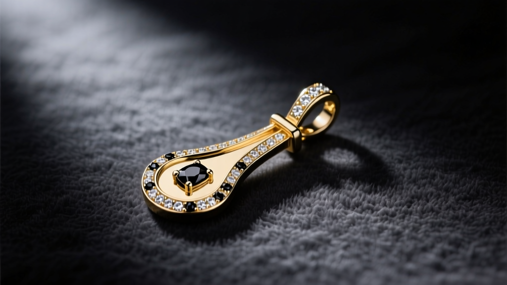 Custom 18k white gold piano key pendant with black diamond accents resting on dark velvet under moody, dramatic studio lighting.