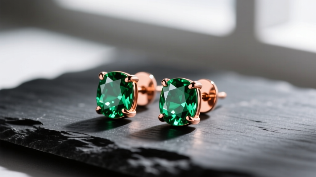 Macro shot of 18k rose gold emerald stud earrings on dark slate, soft light highlighting green inclusions and rich warm copper tones.