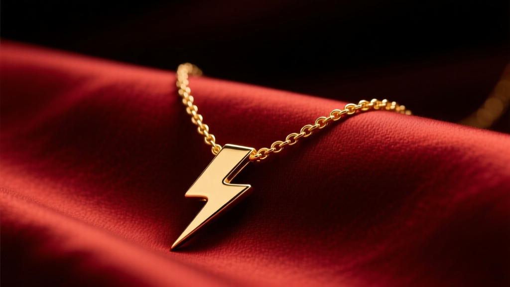 Close-up of a gold vermeil lightning bolt necklace on red silk, illuminated by soft warm studio lighting against a dark background.