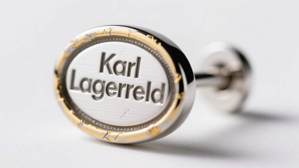 Macro view of an engraved oval hallmark on a Karl Lagerfeld earring post showing crisp typography and minor gold plating wear