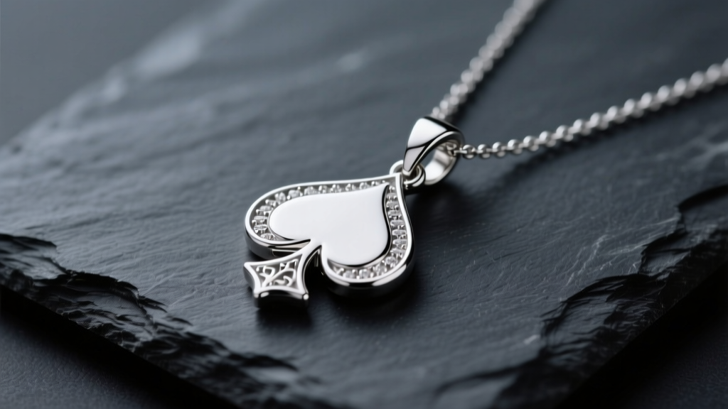 Close-up of a sterling silver spade necklace pendant resting on dark slate, illuminated by soft directional studio lighting.