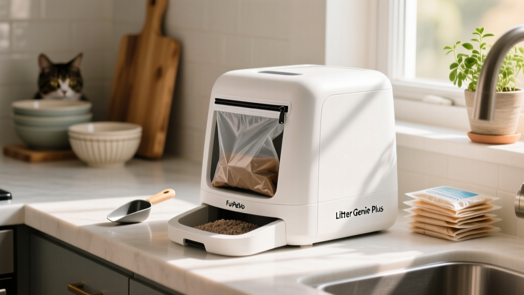 FurPetVo Litter Genie Plus system in use, showing sealed waste bag and compact countertop setup