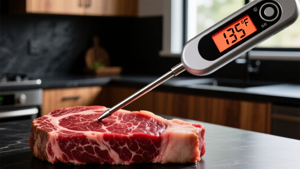 Macro shot of a digital thermometer probe piercing a thick ribeye steak, backlit LCD screen displaying 135 degrees Fahrenheit in a dark kitchen
