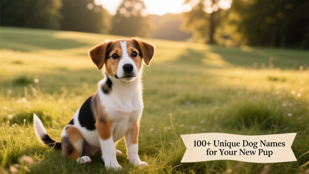 A joyful mixed-breed puppy sitting on a sunlit grassy field, looking curiously at the camera