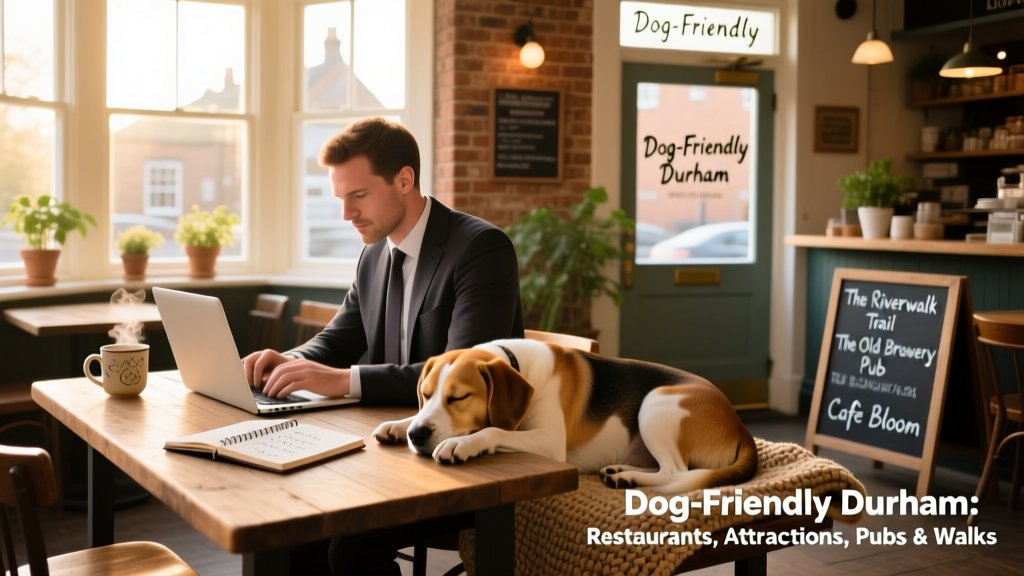 A person working on a laptop at a wooden table in a bright, airy cafe while their calm dog rests beside them