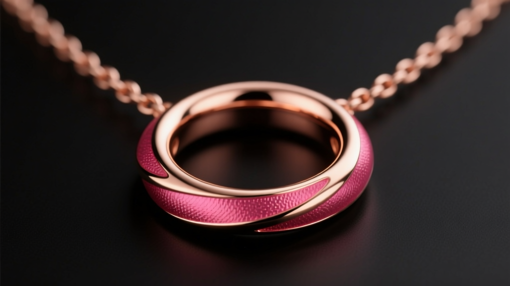 Macro shot of an 18k rose gold O-ring on a lariat necklace, revealing the deep pinkish-red hue from its high copper alloy content.