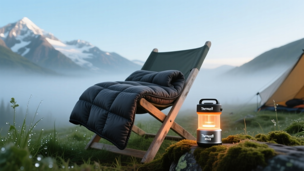 Rumpl NanoLoft blanket draped over a camp chair next to a glowing Thermacell MR450 device at a misty, high-altitude basecamp.