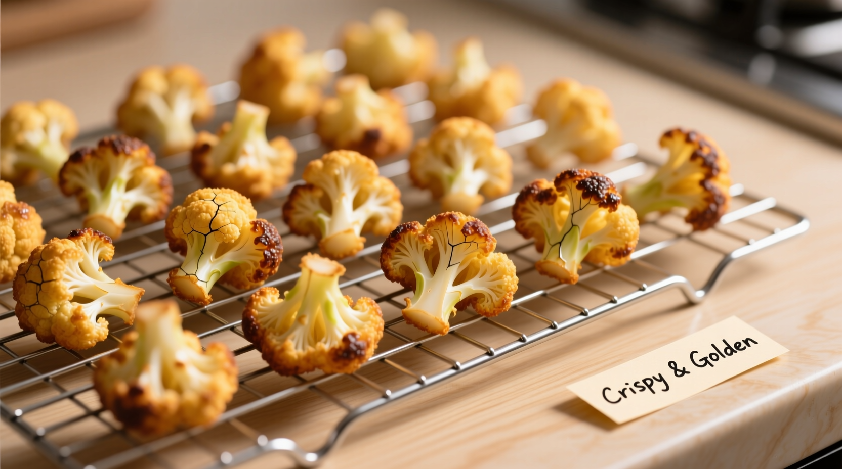 Golden crispy cauliflower bites on wire rack