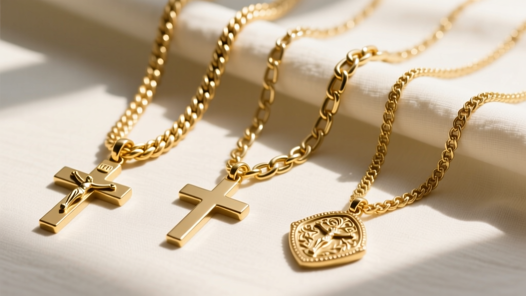 Flat lay of three gold chains including a 3mm rope and 4mm Cuban link paired with varying sizes of detailed crucifix pendants