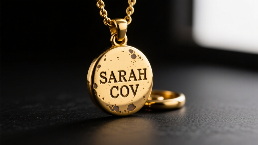 Macro shot of a vintage hallmark stamped SARAH COV on the back of a gold-plated metal pendant clasp under bright loupe lighting