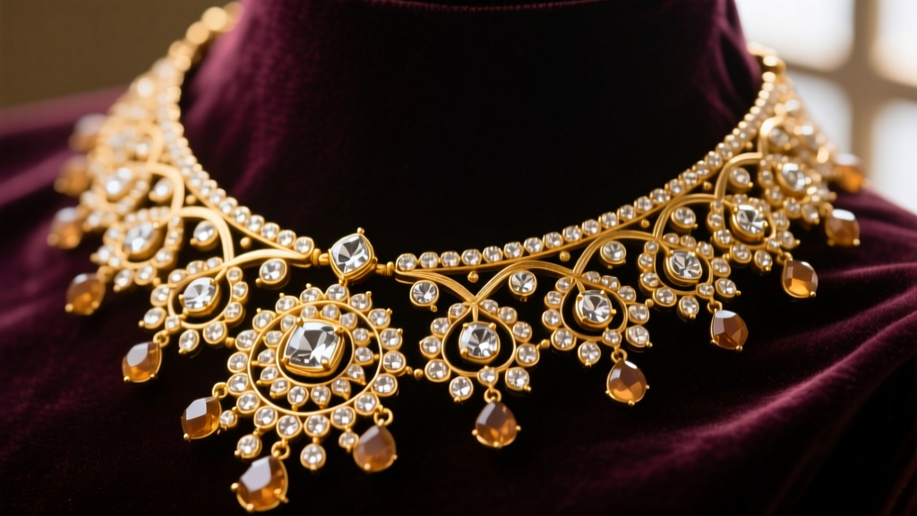 Macro shot of a 22k gold Indian bridal necklace with intricate Kundan settings and uncut Polki diamonds on dark velvet