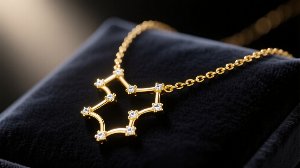 14k yellow gold Gemini constellation necklace resting on dark velvet, soft studio lighting highlighting tiny diamond accents.