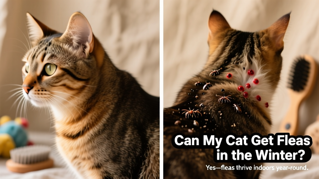 Side-by-side comparison showing normal cat fur versus fur with visible flea dirt and small red bite marks