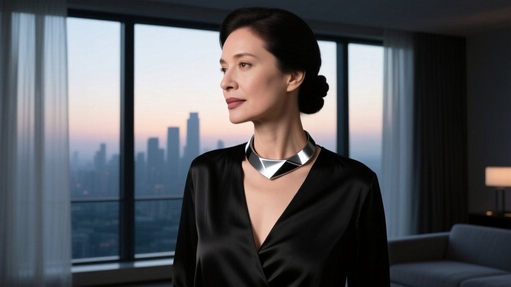 Profile of a woman wearing a 4mm silver torque necklace with a deep V-neck black silk blouse in a dimly lit elegant room