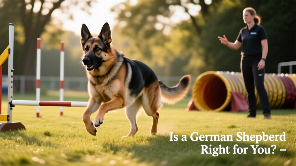 A German Shepherd mid-stride during an agility course, focused and athletic, with handler nearby