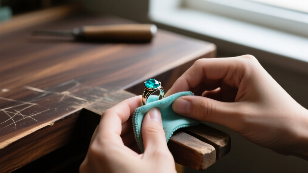 Hands polishing a vintage turquoise ring with a dry microfiber cloth on a dark wood workbench, carefully avoiding liquid cleaners