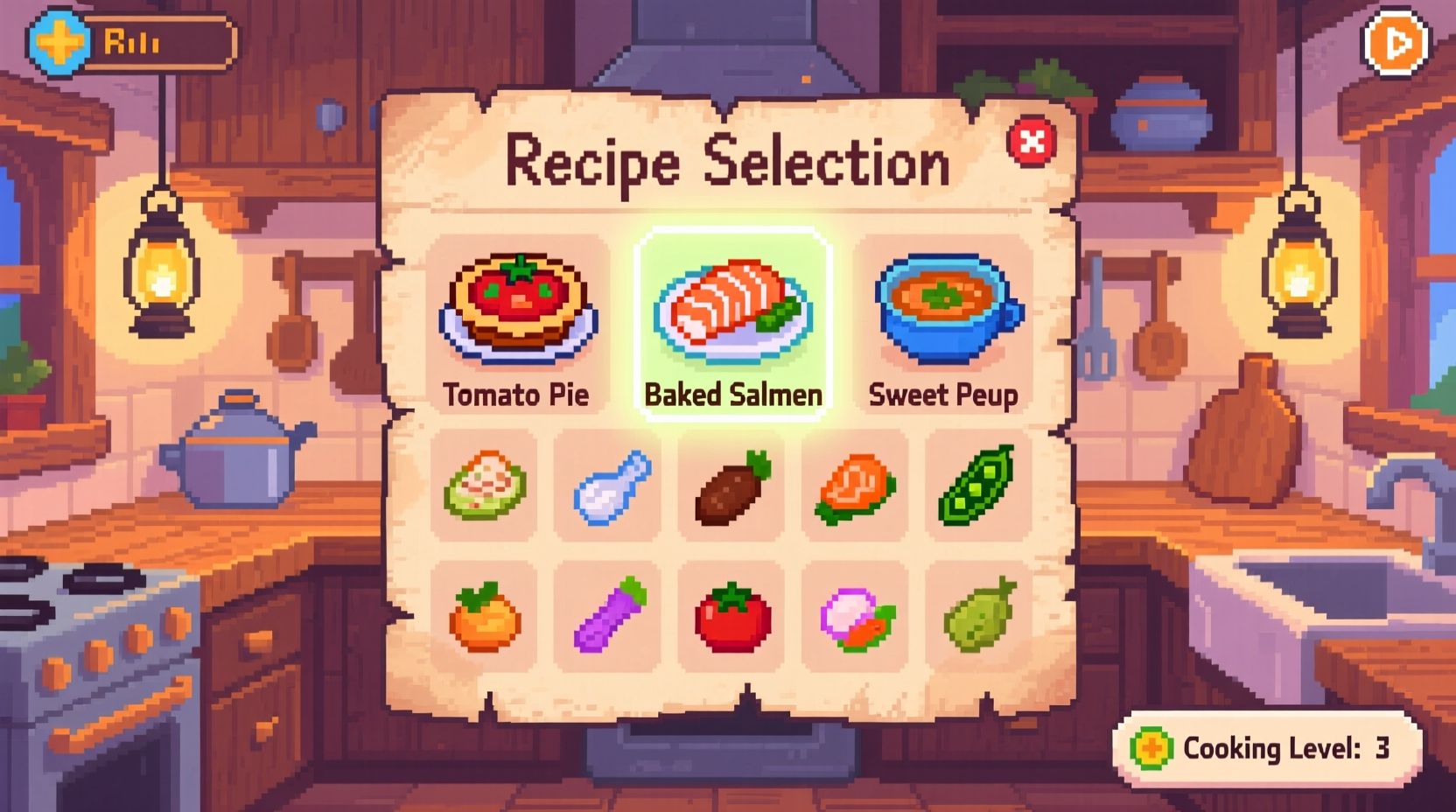 Stardew Valley cooking interface showing recipe selection