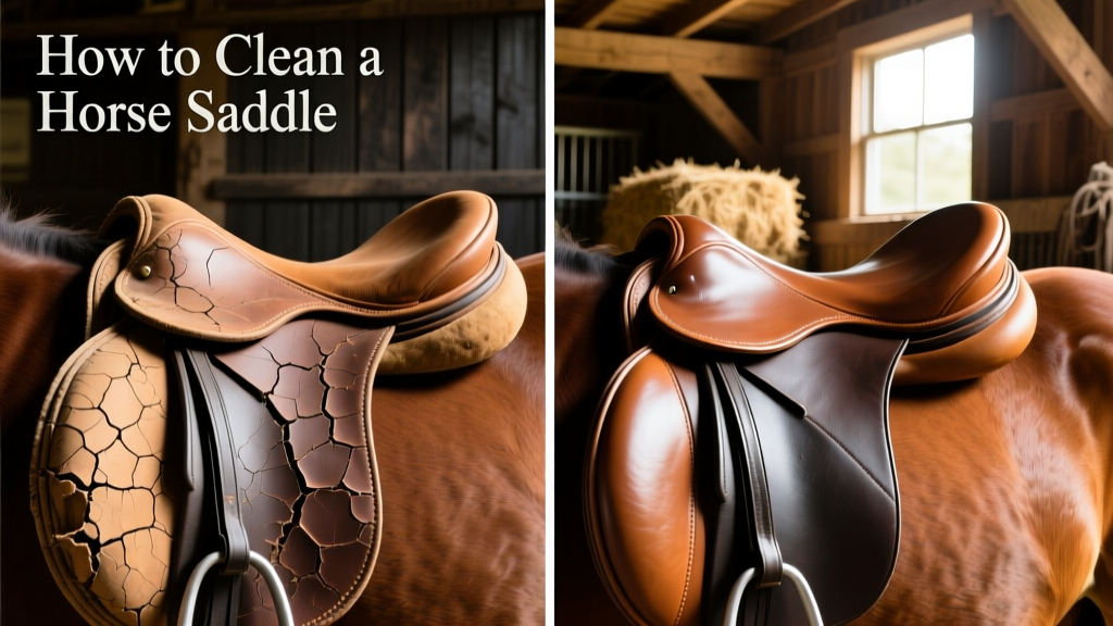 Side-by-side comparison: left side shows a dry, cracked saddle flap; right side shows the same area after proper cleaning and conditioning, with restored suppleness and shine