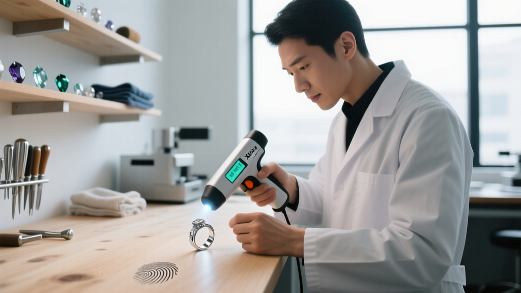 Jeweler holding an XRF analyzer gun testing a sterling silver ring on a clean wooden workbench in a brightly lit modern workshop.