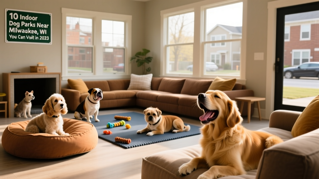 Charming neighborhood indoor dog lounge with comfy seating, dog beds, and a small play nook