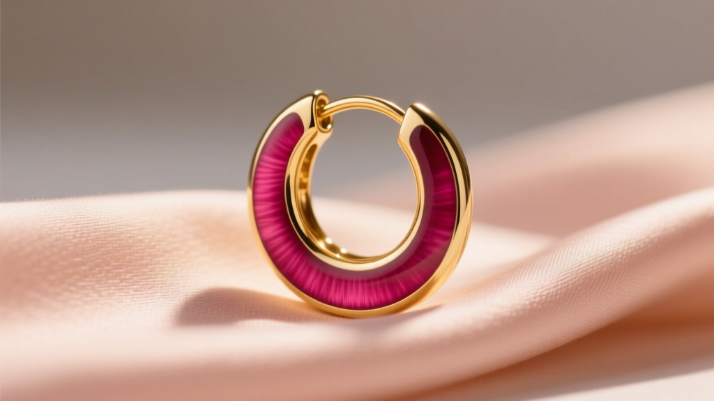 Close-up of 14k gold huggie hoop earring with deep magenta vitreous enamel inlay against soft blush fabric in warm studio lighting