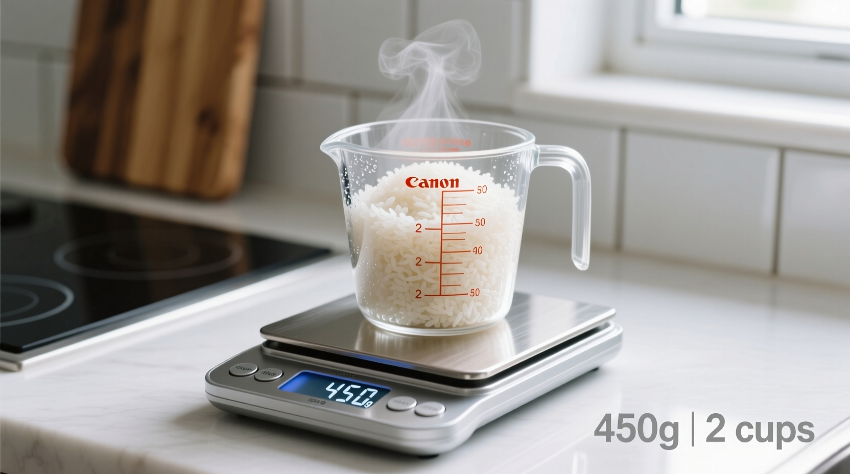 Measuring cup filled with cooked white rice on kitchen scale