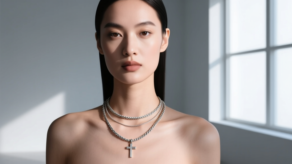 Model wearing layered sideways cross on delicate 1mm cable chain and 2mm rope chain, showcasing perfect horizontal alignment.