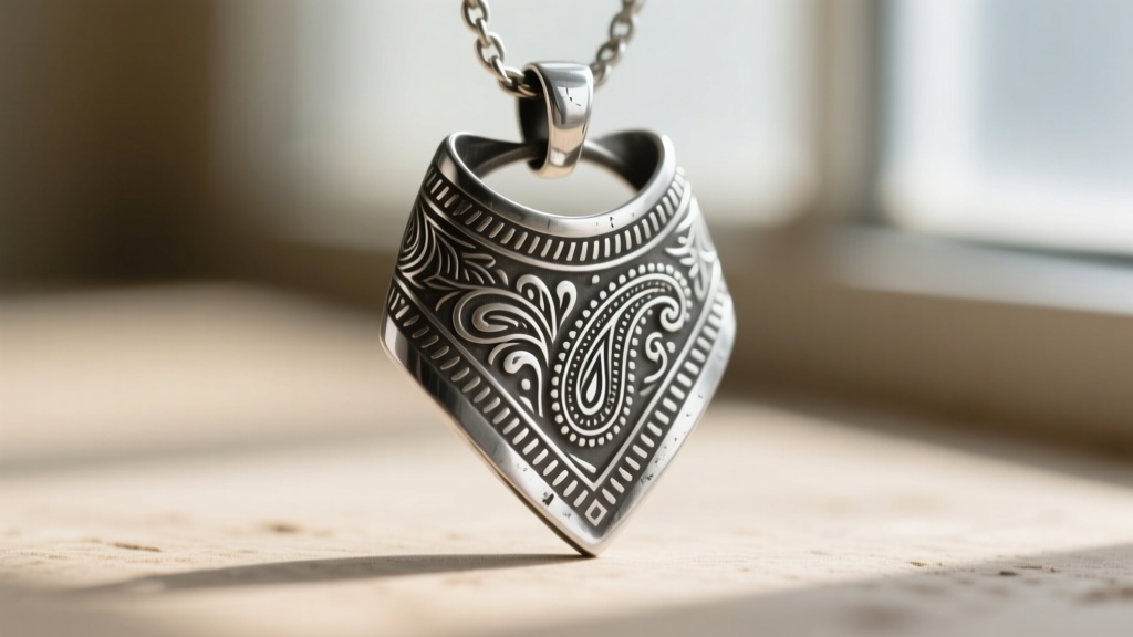 Extreme close-up of a raw sterling silver bandana pendant showing intricate paisley engraving details before final polishing.