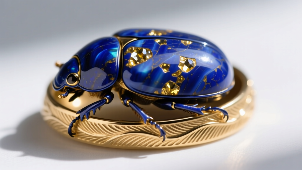 Macro shot of natural Afghan lapis lazuli scarab carving with golden pyrite inclusions set in a textured 18k gold bezel.
