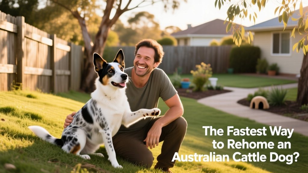 Australian Cattle Dog sitting attentively beside a friendly adult, both smiling