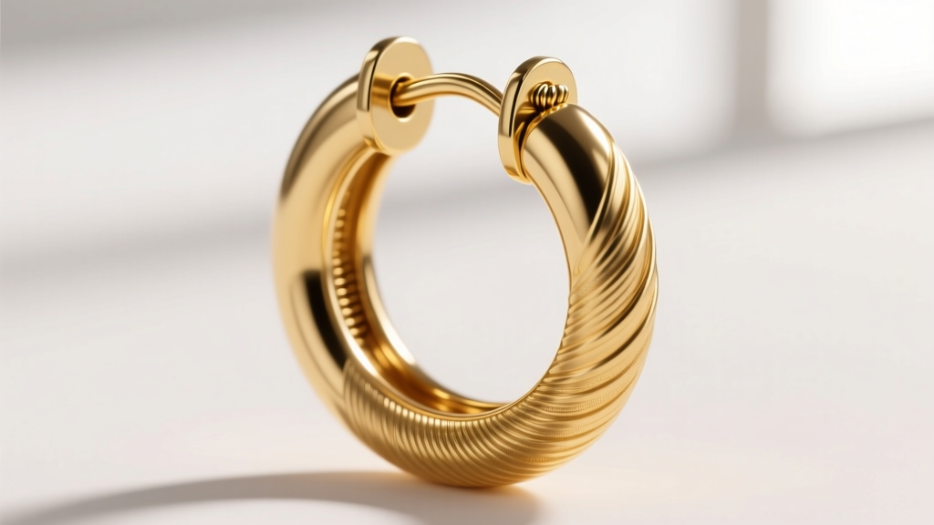 Macro shot of a hollow-tube 18k gold hoop earring clasp, showing the hinged snap-back closure and thick 16-gauge wire structure