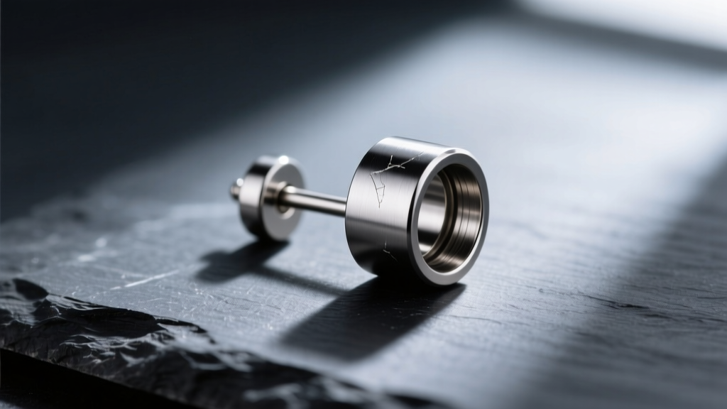 Macro shot of a 16-gauge threadless titanium earring post and its hollow tube back, resting on a dark matte slate surface.