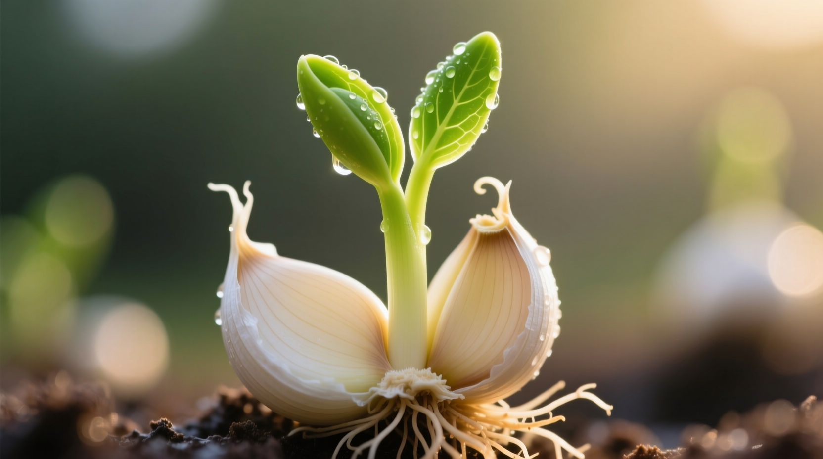 Close-up of sprouted garlic cloves showing green shoots