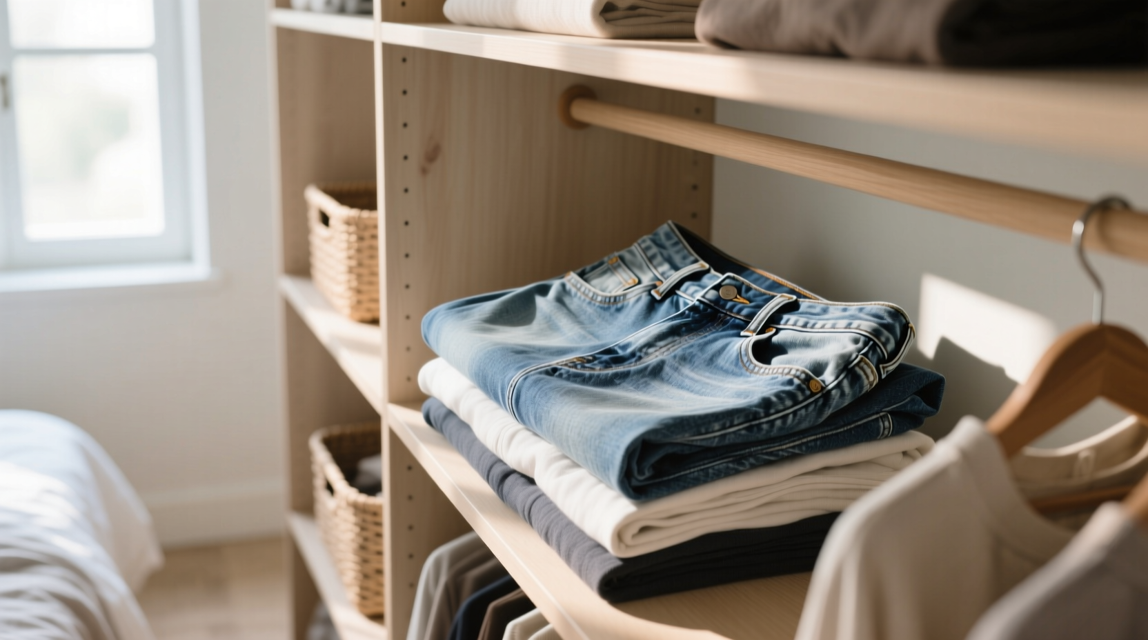 folded jeans vs hanging jeans stop waistband stretching
