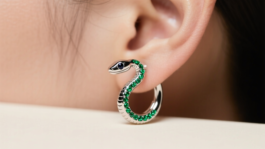 Close-up of a snake huggie earring's hidden hinge and clicker clasp, showing interlocking gold segments and a secure closure