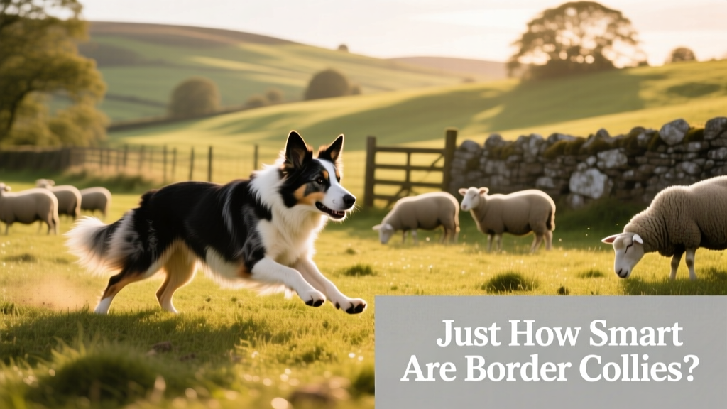 A focused Border Collie mid-herding, crouched low with intense eye contact on a flock of sheep