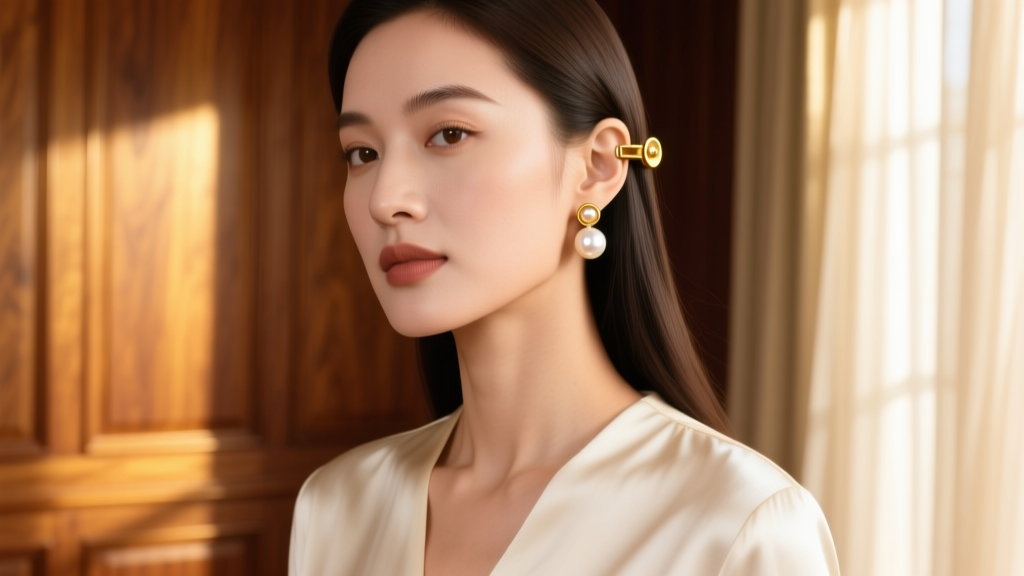 Portrait of a woman wearing gold button clip-on earrings with faux pearls, set against a warm, sunlit indoor backdrop.