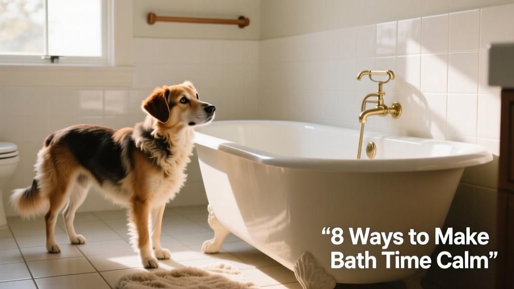 A calm dog standing beside a dry bathtub, looking relaxed and curious