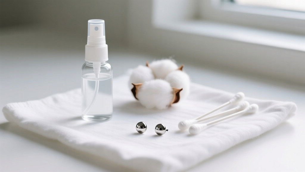 Flat lay of infant earring aftercare supplies including sterile saline spray, cotton swabs, and titanium studs on a white cloth.