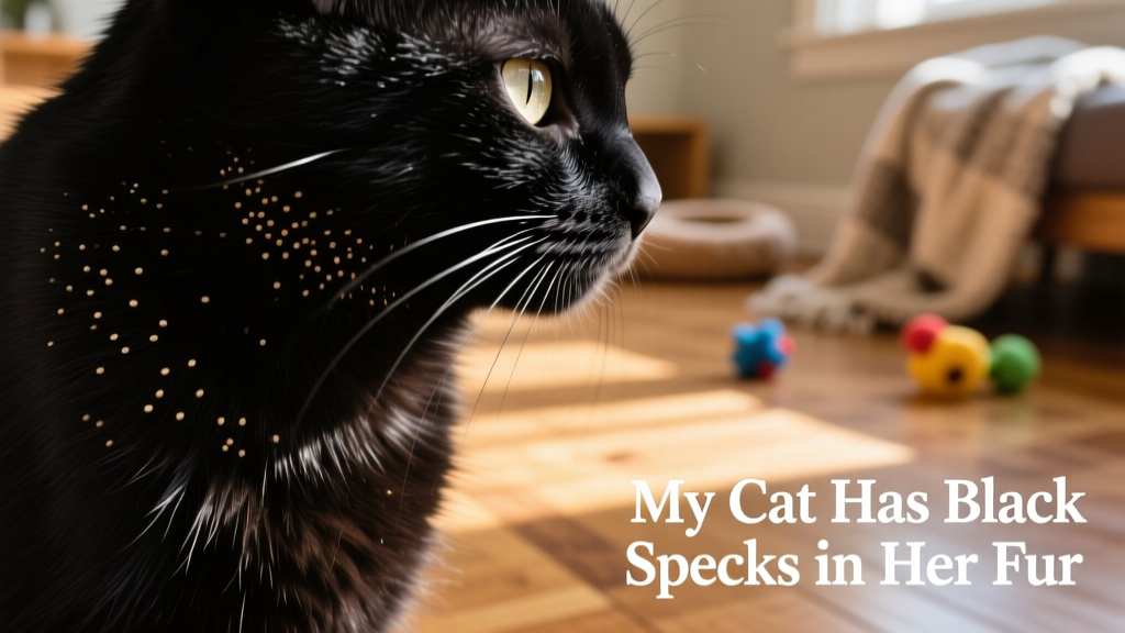 Close-up of black specks on a cat's fur, showing pepper-like granules near the base of the hairs
