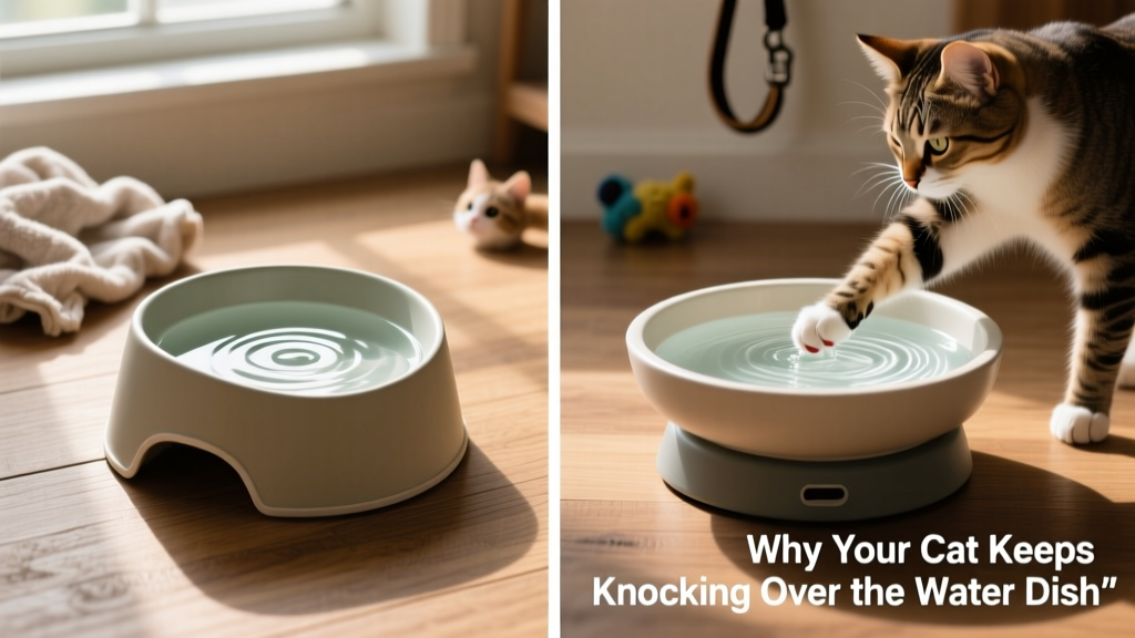 Side-by-side comparison showing a deep, narrow bowl versus a wide, shallow, weighted bowl with water