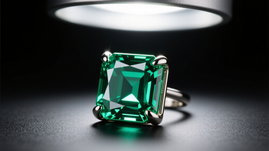 Macro shot of a prong-set rectangle emerald earring showing metal tension and step-cut facets under a bright jeweler lamp