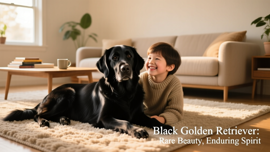 A relaxed Black Golden Retriever resting beside a child on a cozy living room rug, both smiling