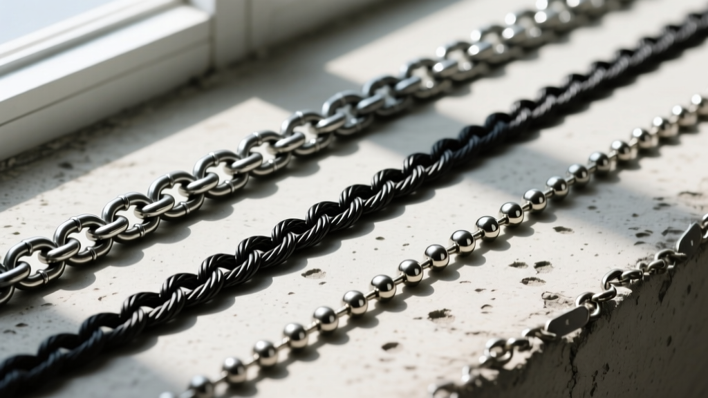 Overhead flat lay comparing thick steel curb chain, matte black zirconium rope chain, and titanium ball chain on concrete